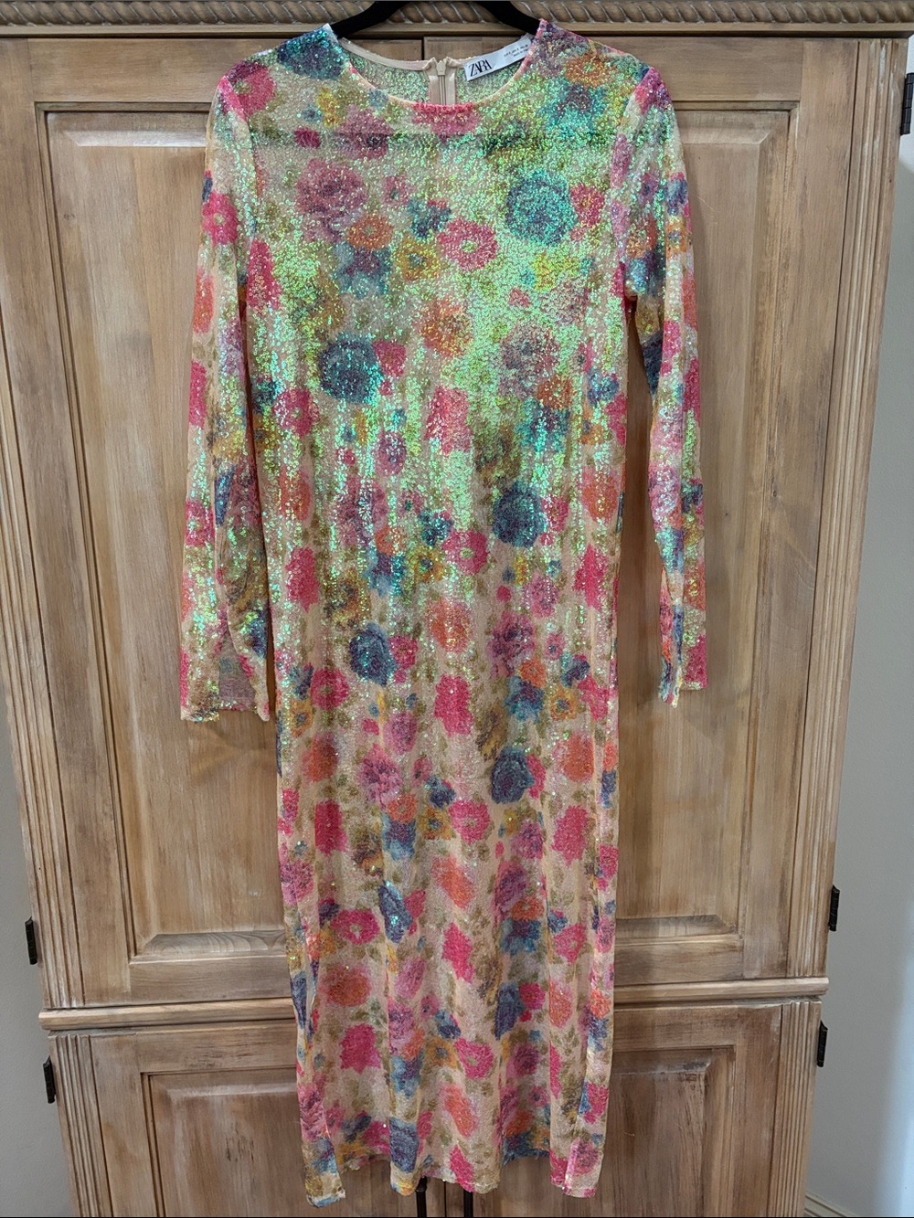 Zara Pink Floral Sequin Long Sleeve Dress